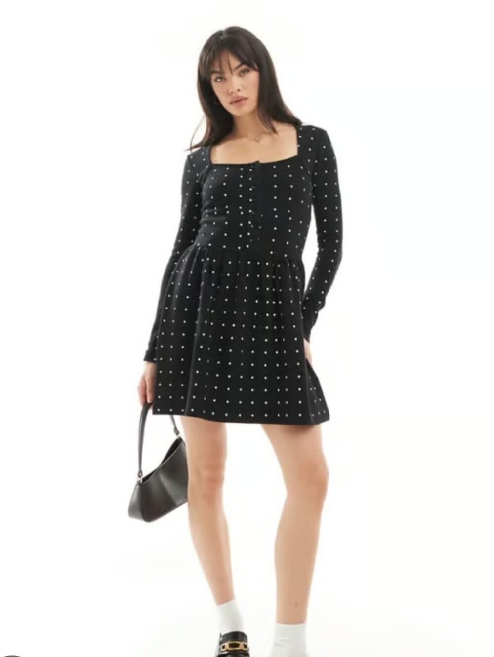 ASOS DESIGN Polka Dot Mini Dress Square Neck Button Front Long Sleeve Skater Sm